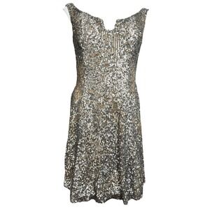 Shail K SZ 10 Sequin Silk Dress Pewter Color Built In Bra Swing Mini Dress Lined